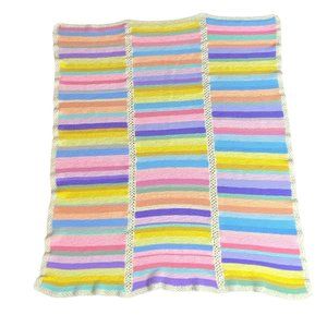 Handmade Crochet Afghan 64”x56” tight weave rainbow colors blanket throw 5x4.5